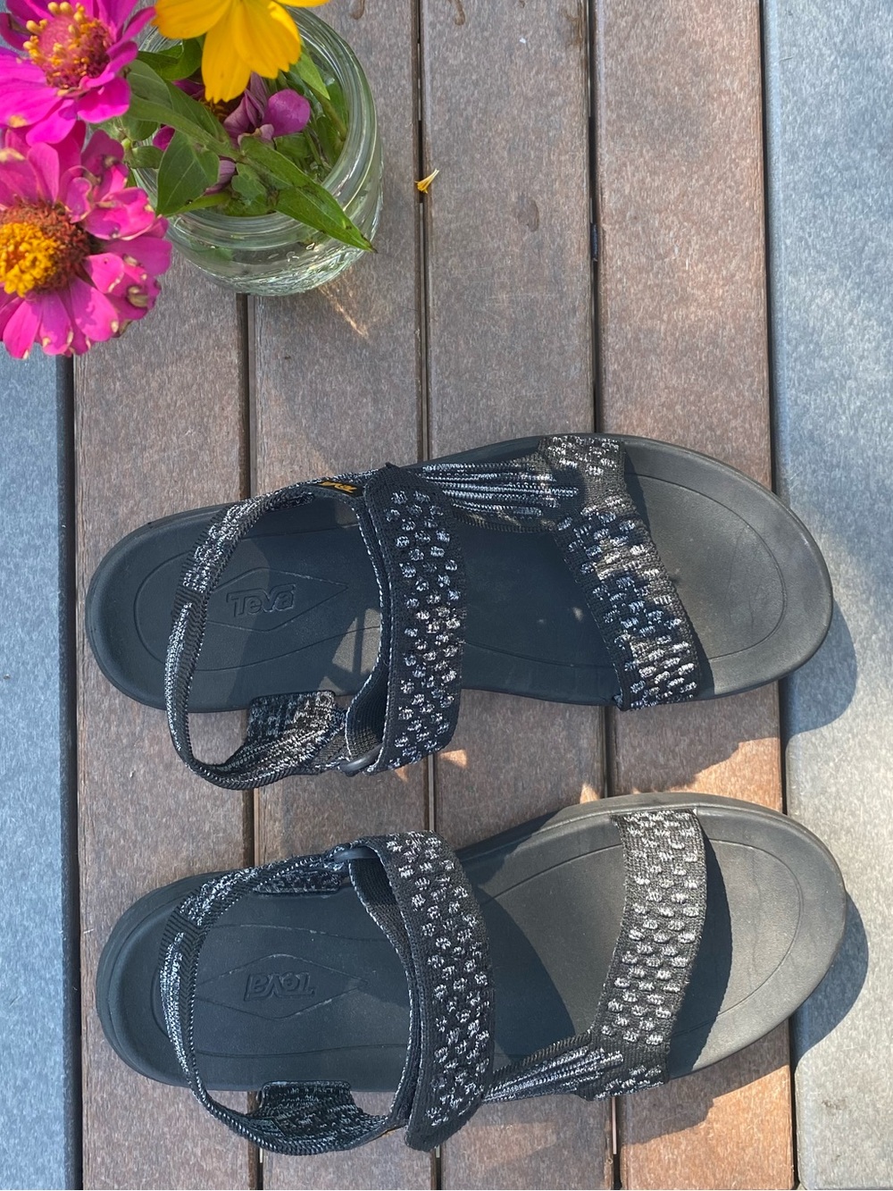 Teva Black Strappy Sandals with Silver Accent Stitching